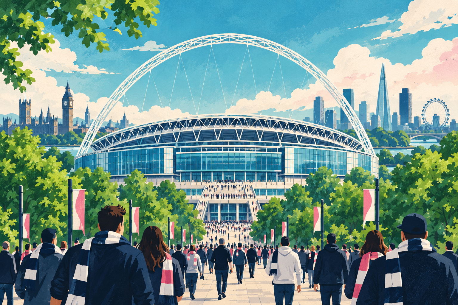 Illustratie van Wembley en de Londense skyline