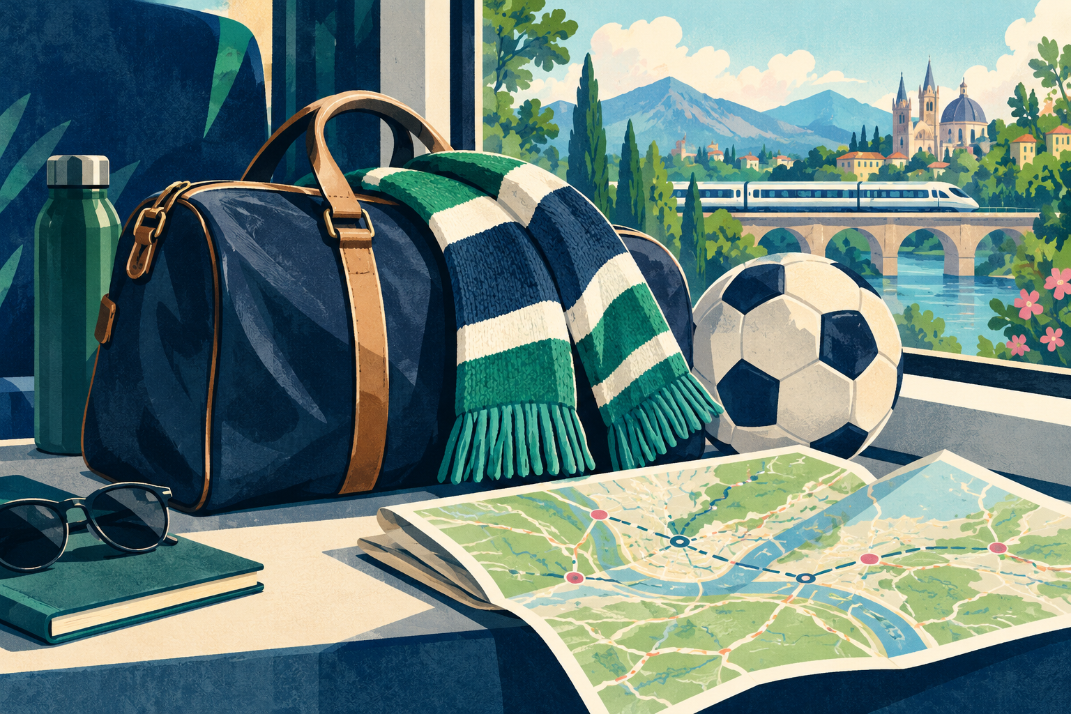 Illustratie van een voetbalreis met trein, reistas en kaart