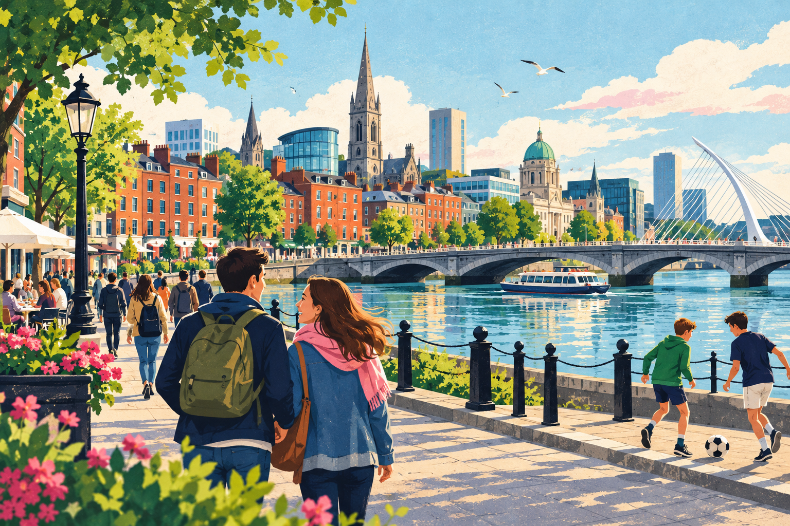 Illustratie van een Britse en Ierse stad aan het water